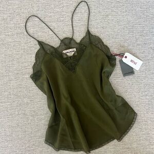 Zadig & Voltaire Olive Green Lace-Trim Silk Cami